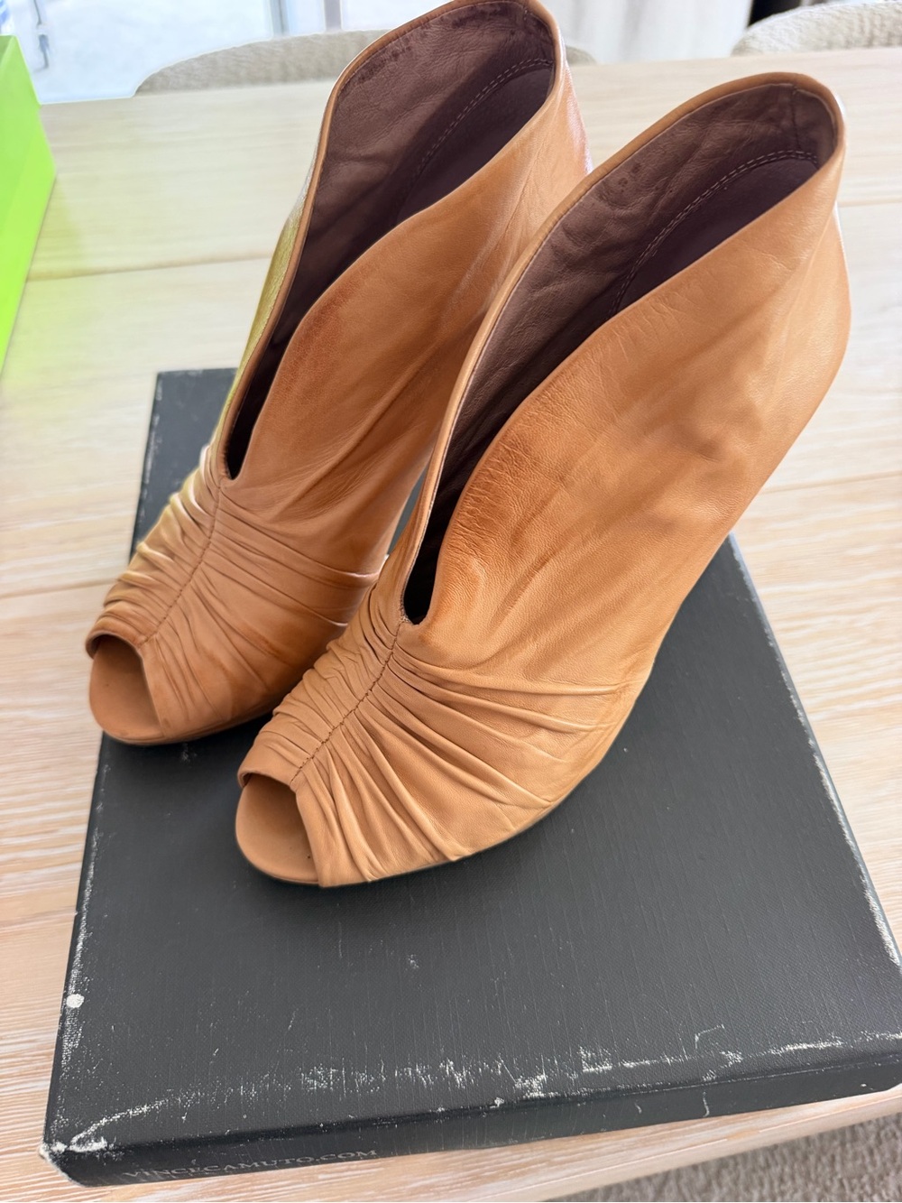 Vince Camuto Tan Ruched Peep-Toe Leather Booties